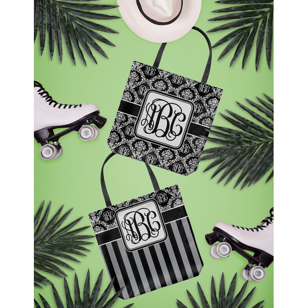Monogrammed Damask Canvas Tote Lifestyle Front and Back