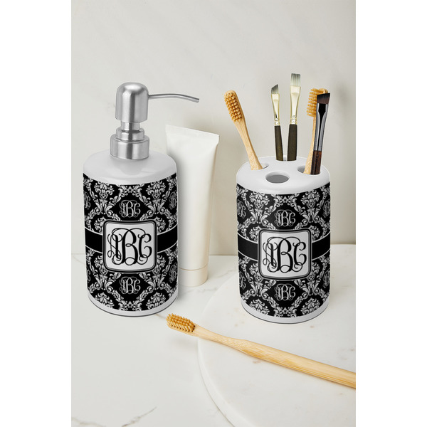 Monogrammed Damask Ceramic Bathroom Accessories - LIFESTYLE (toothbrush holder & soap dispenser)
