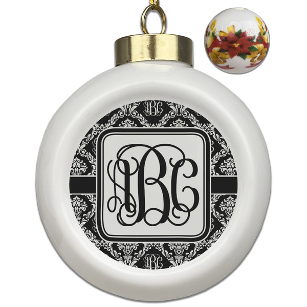 Custom Monogrammed Damask Ceramic Ball Ornaments - Poinsettia Garland