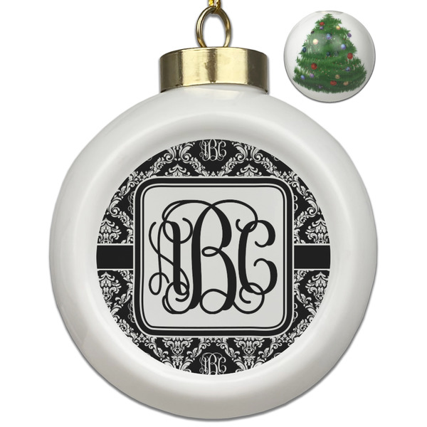 Custom Monogrammed Damask Ceramic Ball Ornament - Christmas Tree
