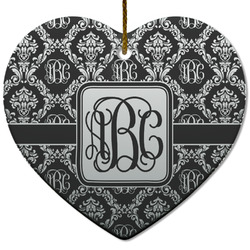 Monogrammed Damask Heart Ceramic Ornament