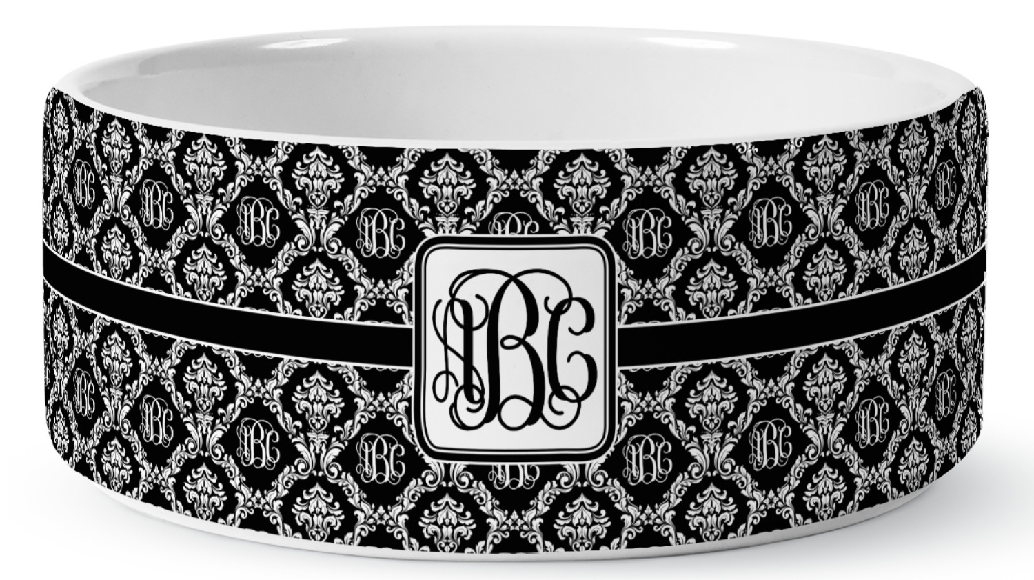 Custom Monogrammed Damask Ceramic Dog Bowl Large (Personalized