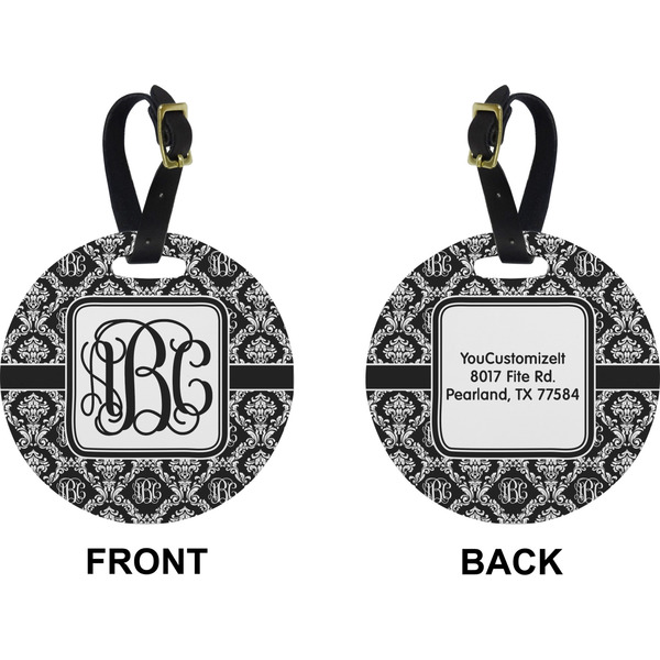 Monogrammed Damask Circle Luggage Tag (Front + Back)