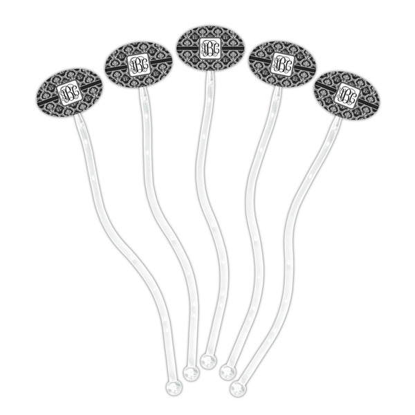 Monogrammed Damask Clear Plastic 7" Stir Stick - Oval - Fan