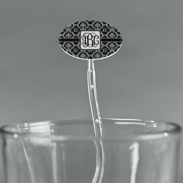Monogrammed Damask Clear Plastic 7" Stir Stick - Oval - Main