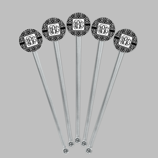 Monogrammed Damask Clear Plastic 7" Stir Stick - Round - Fan View