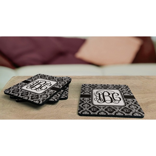 Monogrammed Damask Coaster Rubber Back - On Coffee Table
