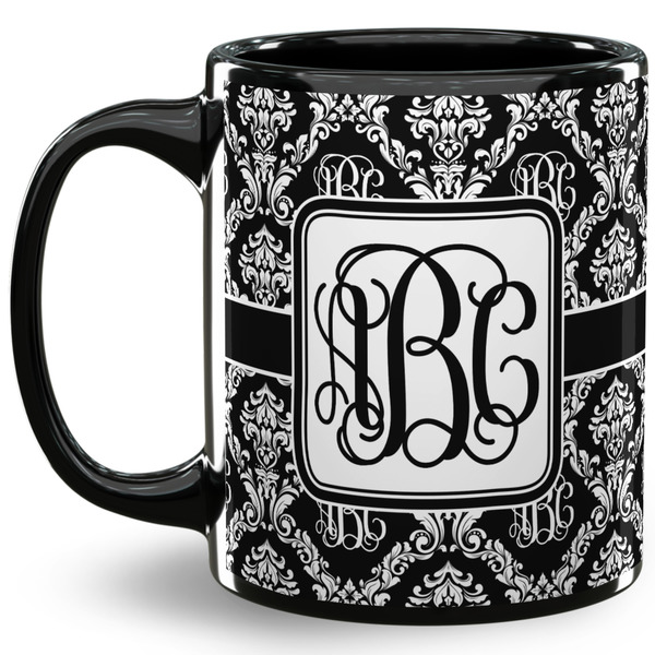 Custom Monogrammed Damask 11 Oz Coffee Mug - Black