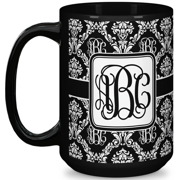 Custom Monogrammed Damask 15 Oz Coffee Mug - Black