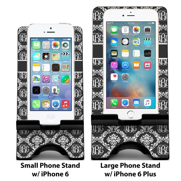 Monogrammed Damask Compare Phone Stand Sizes - with iPhones