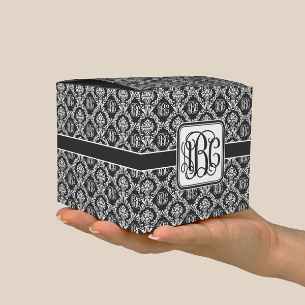 Monogrammed Damask Cube Favor Gift Box - On Hand - Scale View
