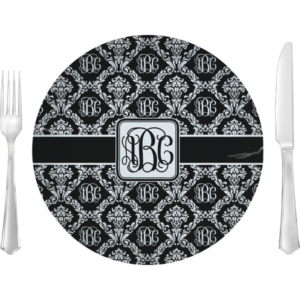 Custom Monogrammed Damask 10" Glass Lunch / Dinner Plates - Single or Set (Personalized)