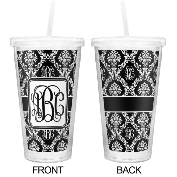 Monogrammed Damask Double Wall Tumbler with Straw - Approval