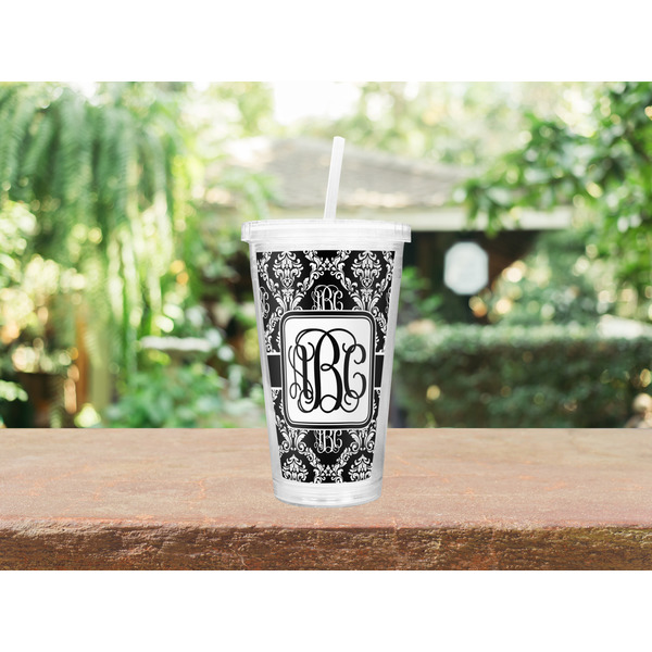 Monogrammed Damask Double Wall Tumbler with Straw Lifestyle