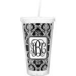 Monogrammed Damask Double Wall Tumbler with Straw (Personalized)