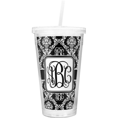 Monogrammed Damask Double Wall Tumbler with Straw (Personalized)
