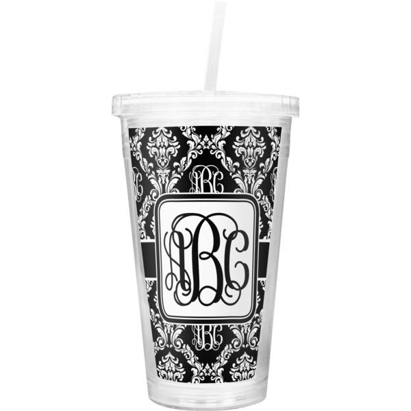 Custom Monogrammed Damask Double Wall Tumbler with Straw (Personalized)