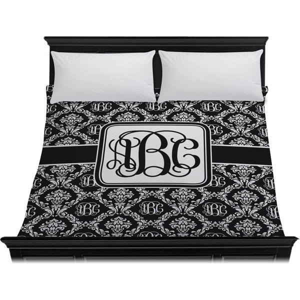 Monogrammed Damask Duvet Cover - King - On Bed - No Prop