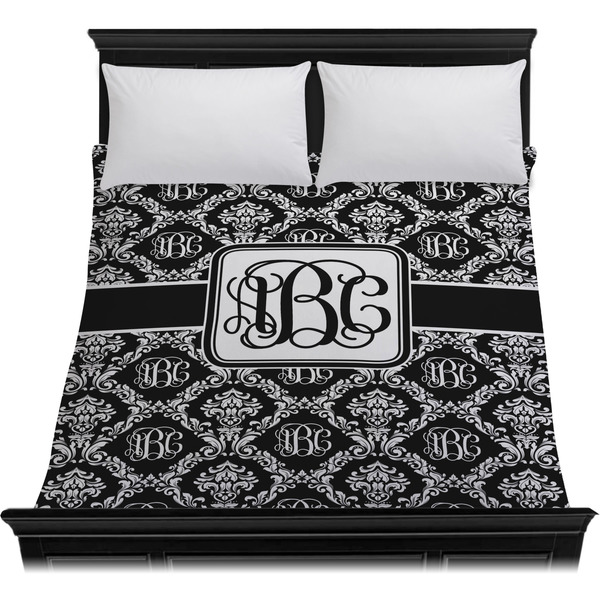 Monogrammed Damask Duvet Cover - Queen - On Bed - No Prop