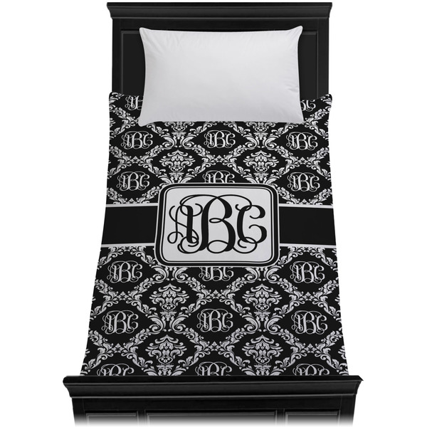 Monogrammed Damask Duvet Cover - Twin XL - On Bed - No Prop