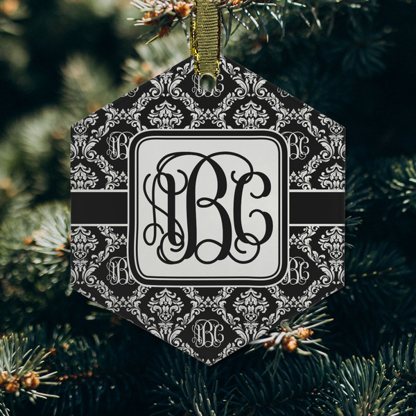 Monogrammed Damask Frosted Glass Ornament - Hexagon (Lifestyle)