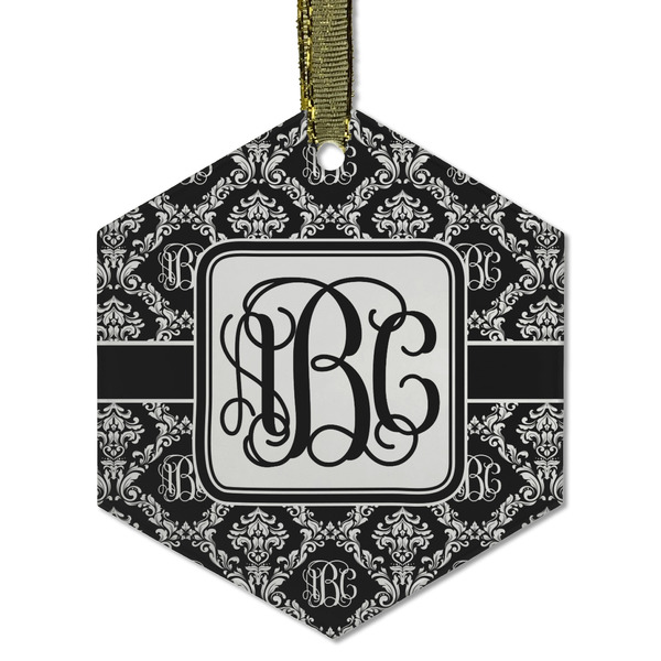 Monogrammed Damask Frosted Glass Ornament - Hexagon