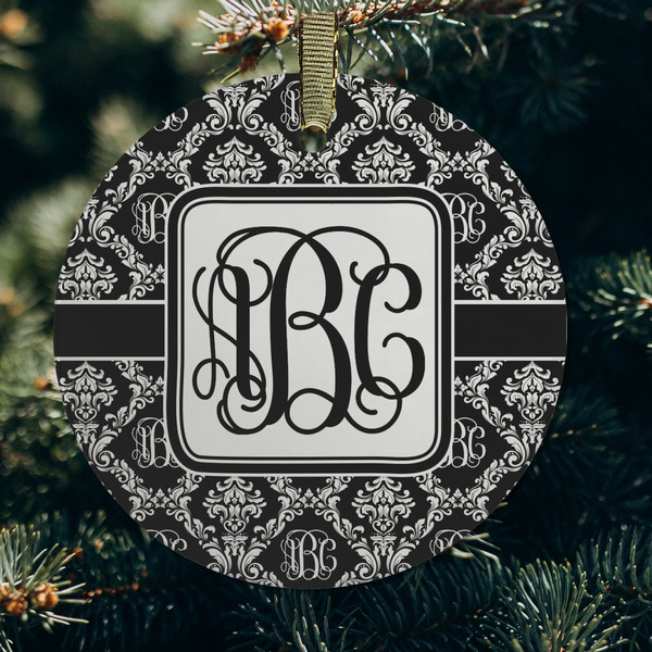 Monogrammed Damask Frosted Glass Ornament - Round (Lifestyle)