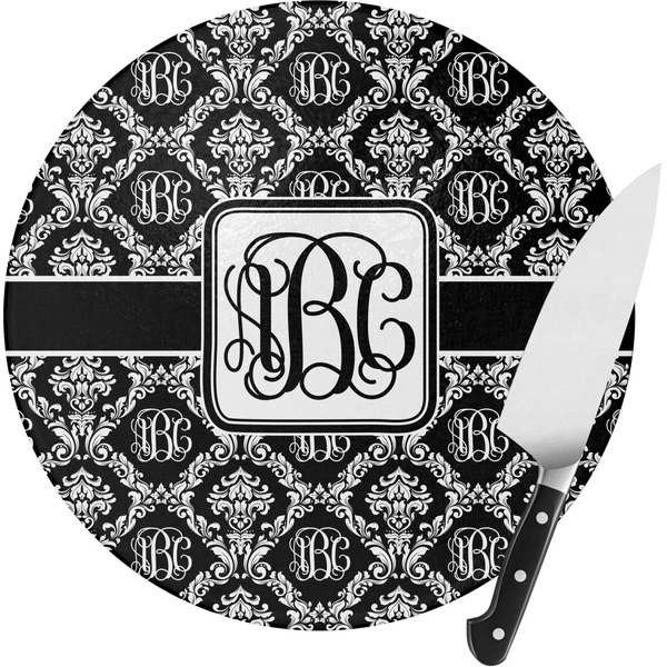 Custom Monogrammed Damask Round Glass Cutting Board (Personalized)
