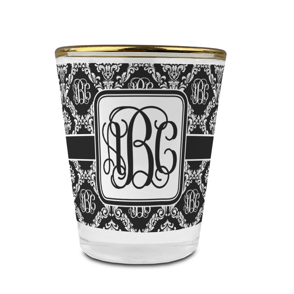 Monogrammed Damask Glass Shot Glass - With gold rim - FRONT