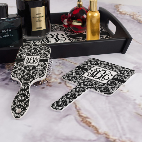 Monogrammed Damask Hair Brush and Hand Mirror - Bathroom Scene