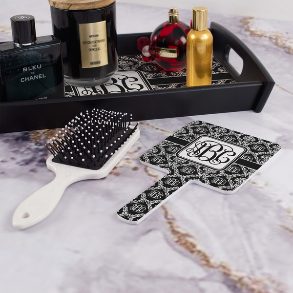 Monogrammed Damask Hand Mirror - With Hair Brush