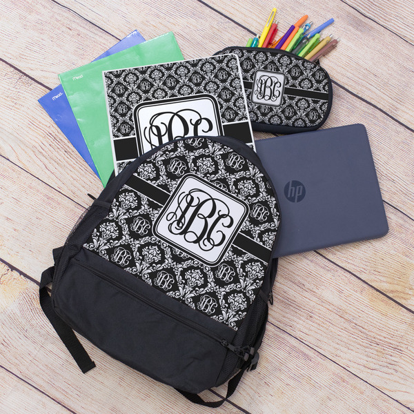 Monogrammed Damask Large Backpack - Black - With Stuff