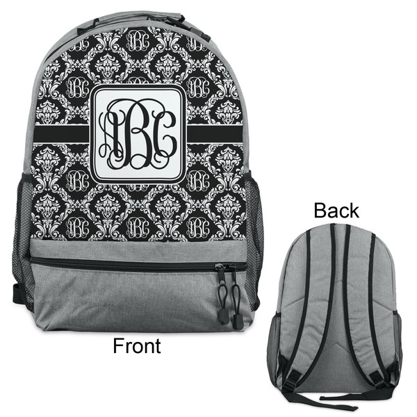 Monogrammed Damask Large Backpack - Gray - Front & Back View