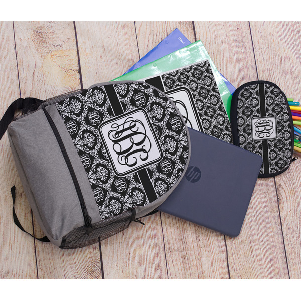 Monogrammed Damask Large Backpack - Gray - With Stuff