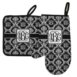 Monogrammed Damask Left Oven Mitt & Pot Holder Set