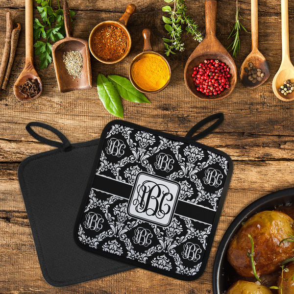 Monogrammed Damask Neoprene Pot Holder - Set of 2  LIFESTYLE (Flatlay)