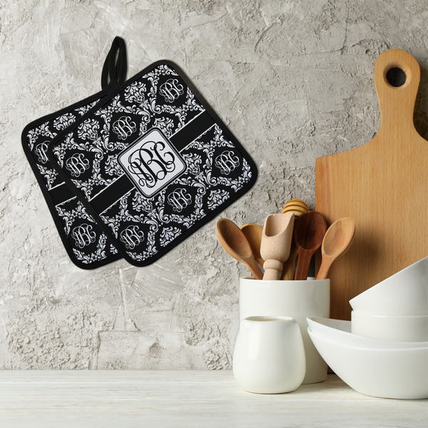 Monogrammed Damask Neoprene Pot Holder - Set of 2  LIFESTYLE