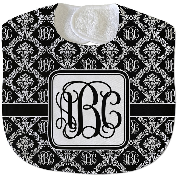 Monogrammed Damask New Baby Bib - Closed and Folded