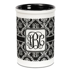 Monogrammed Damask Ceramic Pencil Holders - Black