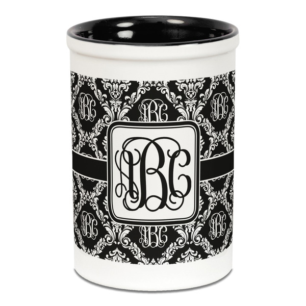 Monogrammed Damask Pencil Holder - Black
