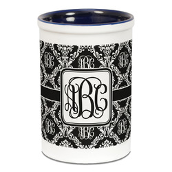 Monogrammed Damask Ceramic Pencil Holders - Blue