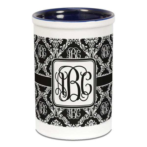 Custom Monogrammed Damask Ceramic Pencil Holders - Blue