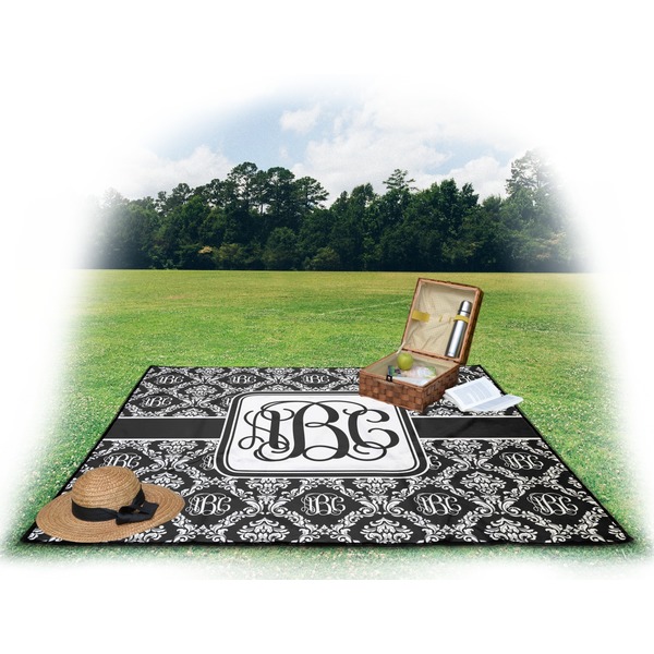 Monogrammed Damask Picnic Blanket - with Basket Hat and Book - in Use