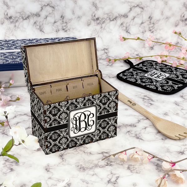Monogrammed Damask Recipe Box - Full Color - In Context