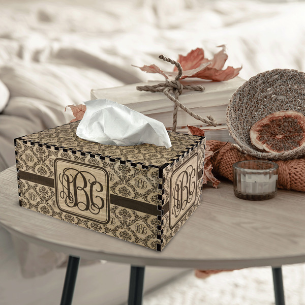 Monogrammed Damask Rectangle Tissue Box Covers - Wood - In Context