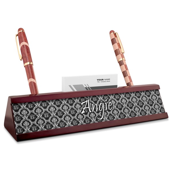 Custom Monogrammed Damask Red Mahogany Nameplate with Business Card Holder (Personalized)