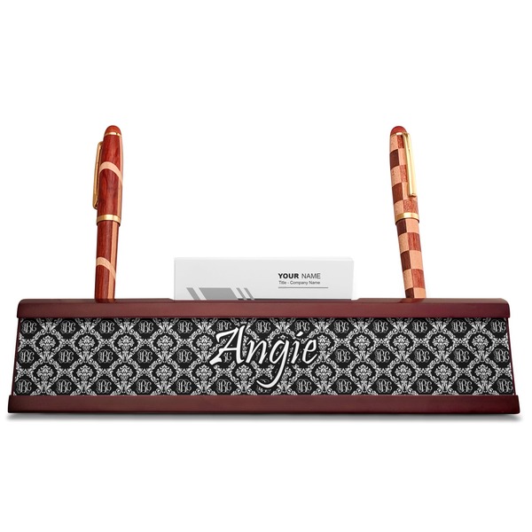 Monogrammed Damask Red Mahogany Nameplates with Business Card Holder - Straight