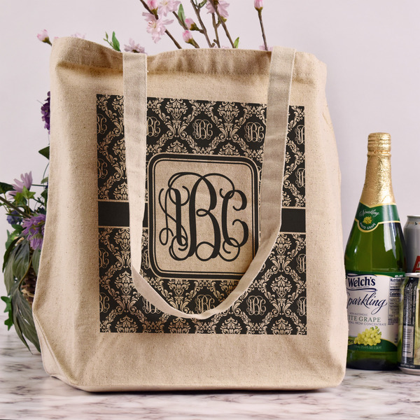 Monogrammed Damask Reusable Cotton Grocery Bag - In Context