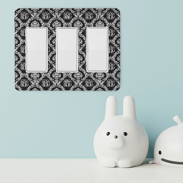 Monogrammed Damask Rocker Light Switch Covers - Triple - IN CONTEXT