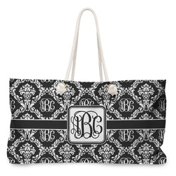 Monogrammed Damask Large Tote Bag with Rope Handles
